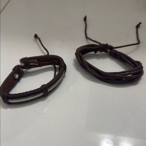 Brown Leather Bracelet Set 2 Unisex Bracelets NEW - Adjustable - Picture 1 of 4